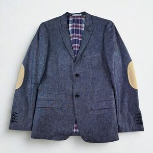Paisley & Gray Blazer Mens 38R Blue Elbow Patch Slim Fit Plaid Lined Sport Coat